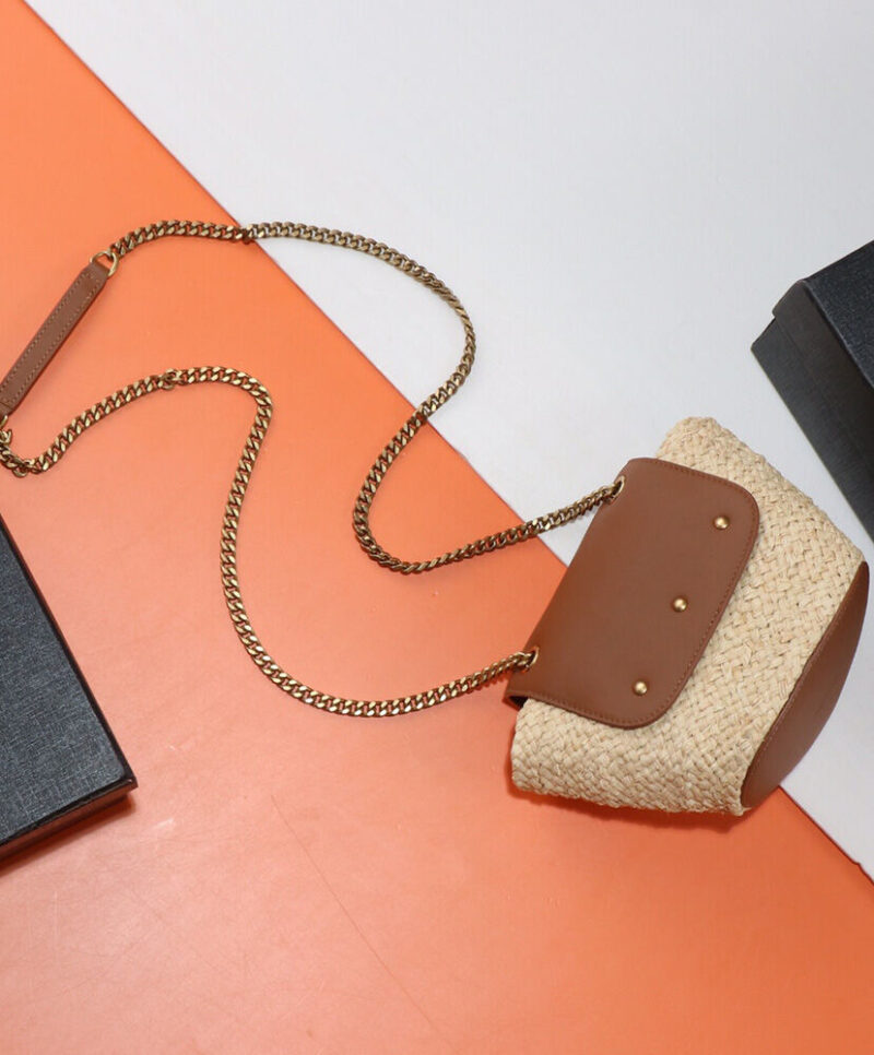 Saint Laurent Mini Manon In Raffia And Aged Vegetable-Tanned Leather Coffee